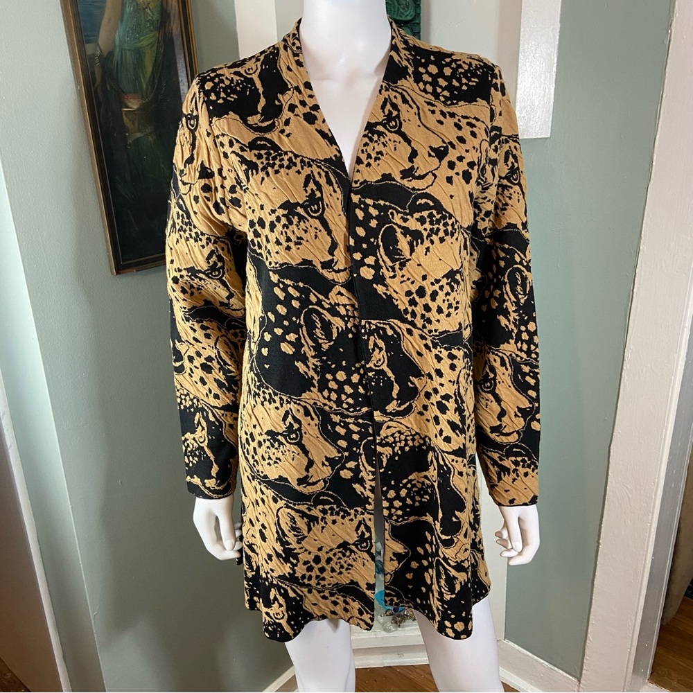 Chico's Sz 2 Cheetah Animal Print Jacquard Cardigan Duster Sweater Leopard Large - Picture 5 of 14